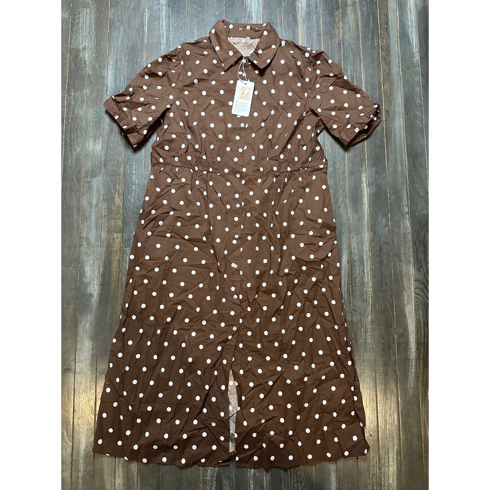 Brown Polka Dot Cotton Short Sleeve Midi Shirt Dress Button Front